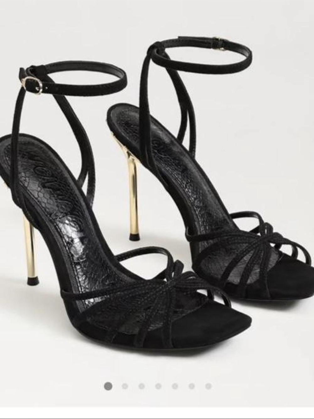 Sam Edelman Black Strappy Ankle-Tie Heels with Gold Stiletto